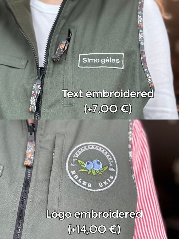 Reversible gardener's vest (tool pockets, adjustable waist) with text and logo embroidery
